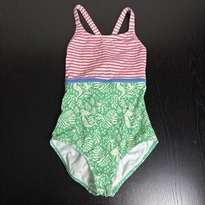 MINI BODEN Girls Size 9-10 One-Piece Swimsuit Bathing Suit Mermaid Print Stripes